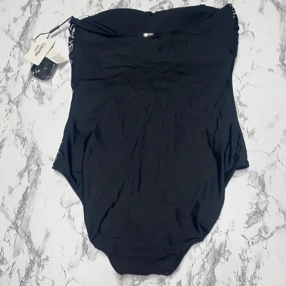 NWT Calvin Klein Black Floral Bandeau One Piece Swim Bathing Suit Womens Size 14